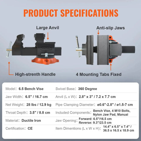 Product specifications for 6.5 Inch Jaw Vise with 360 Degree Swivel Locking Base, heavy-duty ductile iron, large anvil, anti-slip jaws.