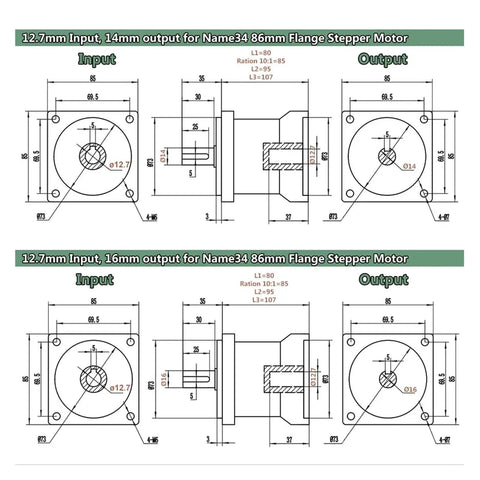 Technical drawing of planetary gearbox motor reducer 86mm stepper gearbox for textile machines aluminum housing with input-output details.