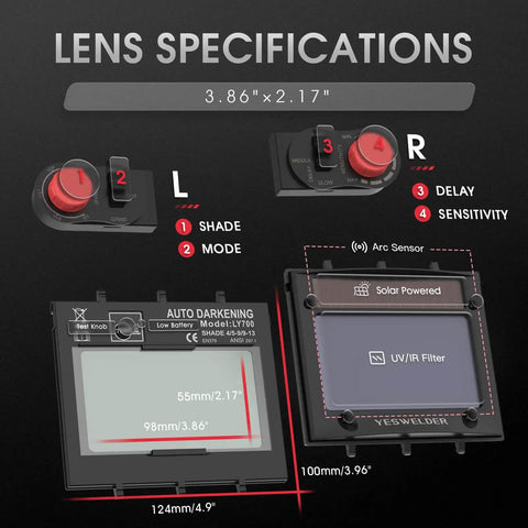 Lens specifications for Auto Darkening Welding Helmet With Built In Fan And LED Light, Solar Powered Welder Mask, 3.86"x2.17" size