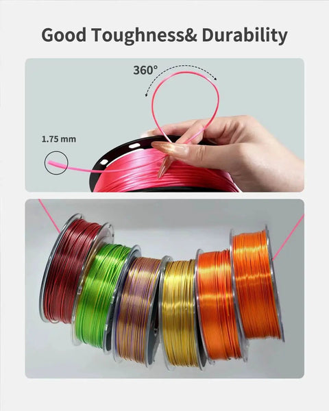 Hand holding spool of Silk PLA Filament 1.75mm Magenta Silk Pink 1kg, shown with 360-degree bend for durability demonstration.