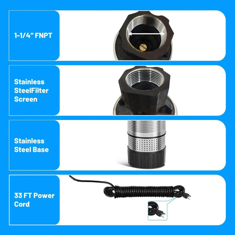 Components of Heavy-Duty 1.1 HP Submersible Water Pump With 26 GPM Flow And 141 Ft Head Stainless Steel Construction