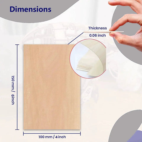Unfinished Basswood Sheets 25Pcs 150x100x1.5mm Lightweight Craft Wood For DIY Projects shown with dimensions and thickness detail.