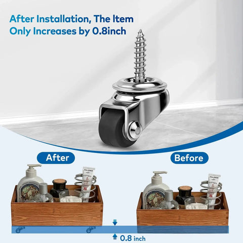 Close-up of 4 Pack Mini Stem Caster Wheels with One Half Inch M4 Screw Stem Swivel Casters on a wooden storage box