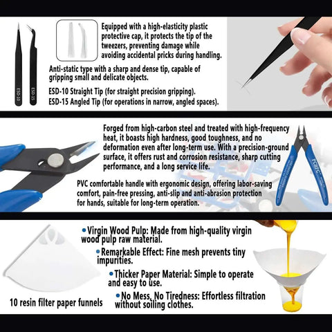 52 Pcs Resin 3D Printing Tool Kit With 304 Stainless Steel Filter Funnel, tweezers, nippers, paper funnel, and resin cleaning tools