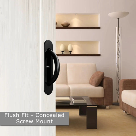 Pocket Door Pull Swivel Handle With Concealed Hardware And Quick Install Kit In Black Finish installed on modern sliding door