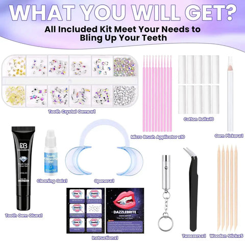 Tooth Gem Kit for Teeth Beginners with Colorful Crystal Gems and Essential Tools displayed with components labeled.