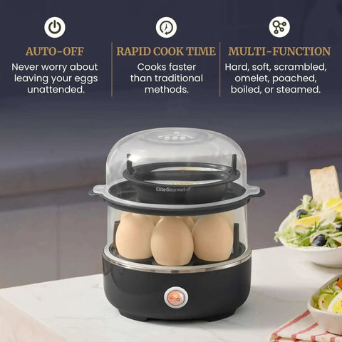 Egg Cooker That Boils Up To 14 Eggs At Once With Two Tier Design, Soft Medium Or Hard Boil Options, Auto Shut Off, Black