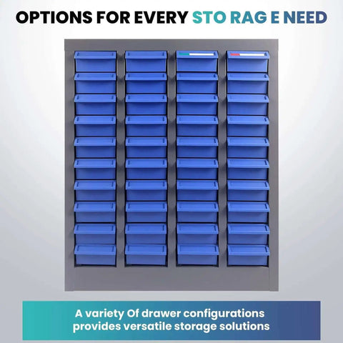 Front view of a blue 40 Drawer Parts Cabinet With Label Stickers Nut And Bolt Organizer ABS Drawers for workshop garage use.