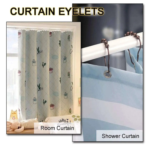 Curtain eyelets with room and shower curtains, showcasing half inch eyelet installation