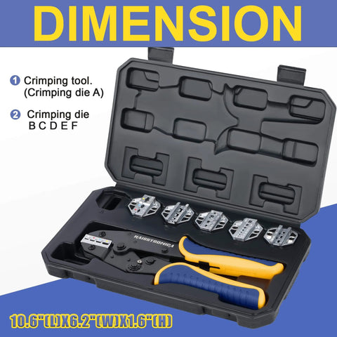 Six Piece Pro Grade Crimping Tool Set With Ratchet Action For Wire Terminals in open carrying case with six chrome dies.