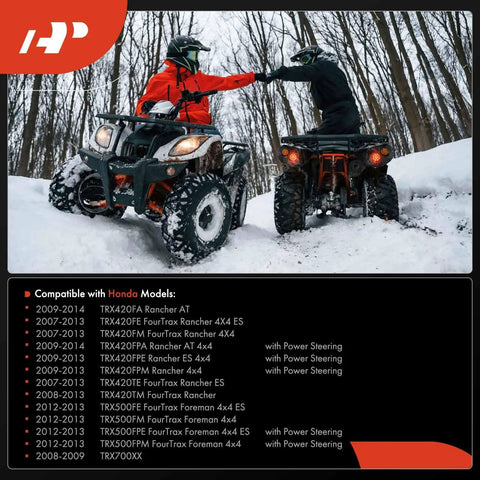 ATVs with riders in snowy forest showcasing Honda Electric Fuel Pump for ATV Fits TRX420 Rancher 2007 To 2014, TRX500 Foreman 2012 To 2013, TRX700XX 2008 To 2009 Replacement Part 16700-HP5-602 Direct Fit Easy Install compatibility chart.