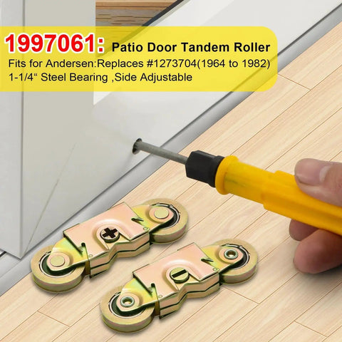 Two Pack Tandem Roller Assembly For Sliding Patio Doors Fits 1997061 1982 Present Replaces 1273704 1964 To 1982 shown with screwdriver