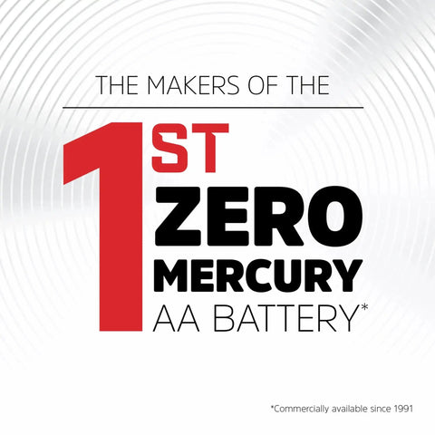 Image of text highlighting the first zero mercury AA battery, showcasing environmental innovation and sustainability commitment.