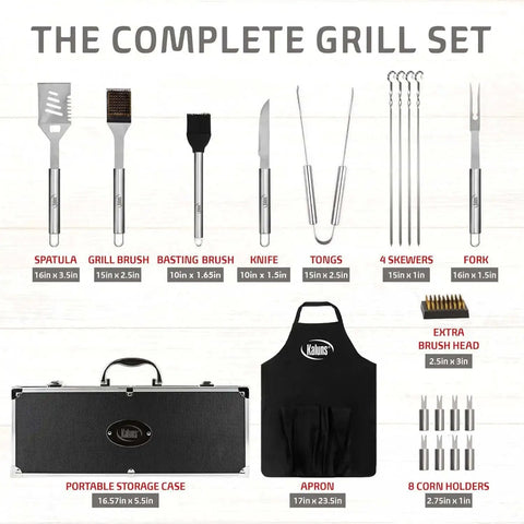 21 Piece Heavy Duty Stainless Steel BBQ Tool Set With Apron And Aluminum Case Complete Outdoor Grilling Kit displayed