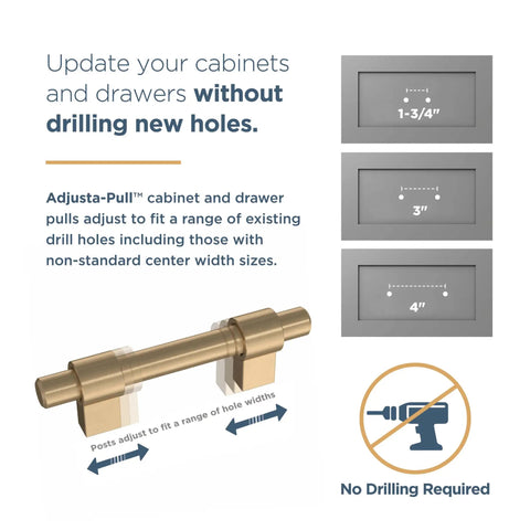 Adjusta-Pull cabinet handles showing range from 1-3/8 to 4 inches, matte black finish, no-drill design, for kitchen cabinets.