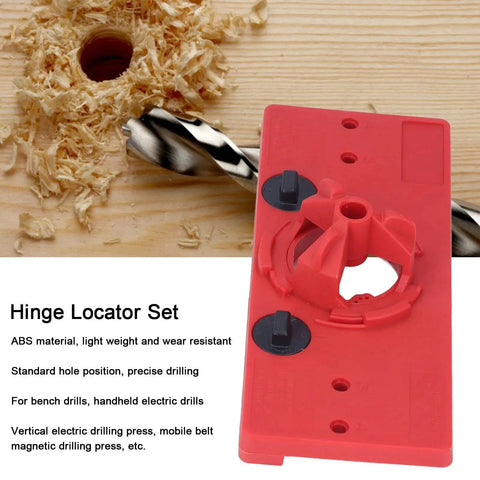 Woodworking Hinge Hole Saw Jig With 35mm Drill Guide Locator on wooden surface, showing drilling accuracy.