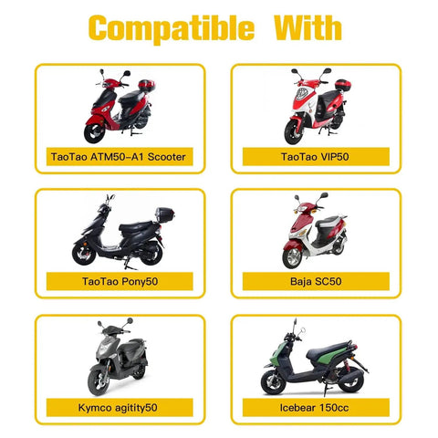 Image showing compatibility chart of GY6 Vacuum Fuel Pump Petcock 3 Port Replacement for various scooters like TaoTao and Baja SC50.