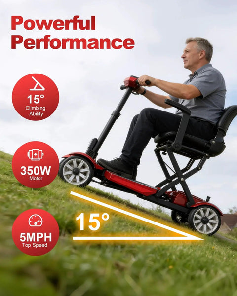 Side view of Ecomobi M4 4-wheel mobility scooter with red frame ridden uphill; 350W motor, 15° climbing, 5 mph speed.
