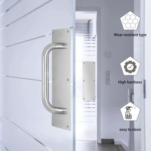 304 Stainless Steel Satin Finish Door Push Pull Handles Set installed on a white interior door, durable and easy to clean.