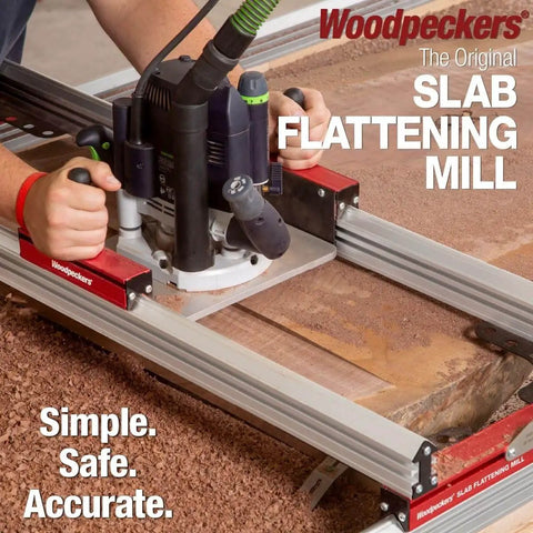 Basic Slab Flattening Mill For Wood Slabs 38.75 By 56.5 Inches USA Made Leveling Jig with router sled in use on wood slab