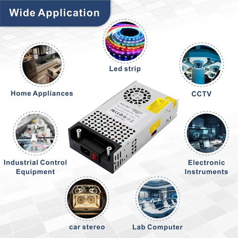 Beefy 24V DC Power Supply 600W 25A Switching Adapter with aluminum shell, wide application for 3D printers, LED strips, CCTV, lab computers.