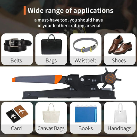 Rotary Leather Hole Punch Kit With Multiple Size Punches for belts, straps, shoes, and more shown with uses like belts and handbags.