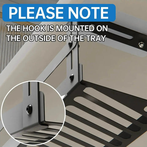Installation detail of hook on Under Desk Cable Management Tray 17 Inch Metal Wire Organizer For Cords Power Strip Holder And Cable Tamer.