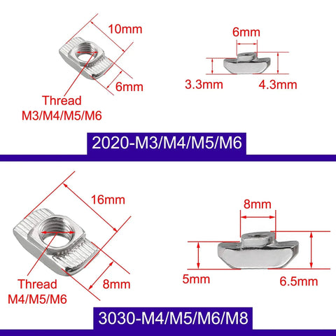 Diagram showing dimensions and thread sizes of Heavy Duty T Slot Nuts Set for 2020 and 3030 aluminum profiles.