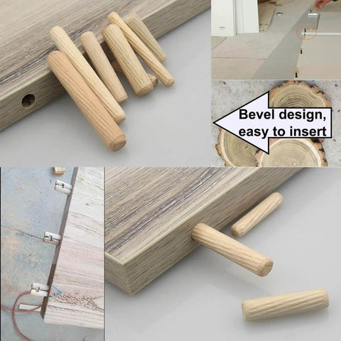 Pro Grade Wooden Dowel Pin Set With Straight Grooves And Beveled Tapered Ends, installation in furniture joint