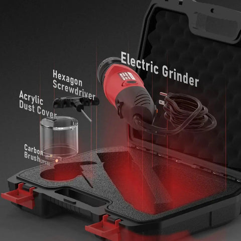 Electric TIG Tungsten Electrode Sharpener And Grinder For Welding, Handheld 110V Rotary Tool shown with accessories and case.