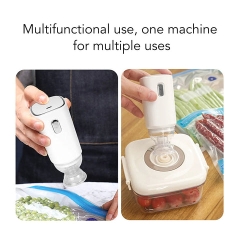 Handheld cordless electric air pump, white, 5V, used to vacuum-seal storage bags and a food storage container.