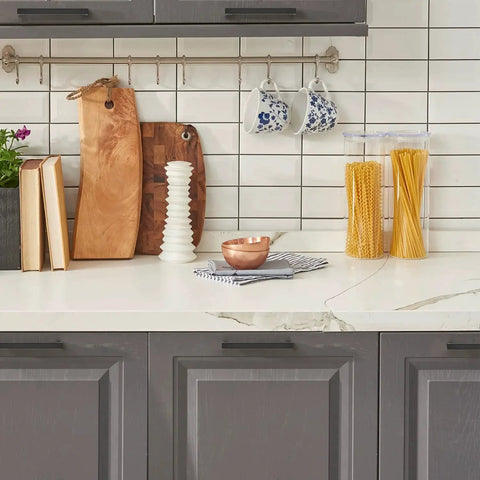 Matte Black Square Cabinet Pulls 5 Inch 30 Pack Handles for Kitchen Cabinets Drawers Cupboards installed on grey cabinets