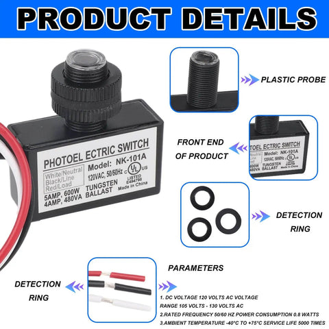Dusk To Dawn Auto On Off Outdoor Lighting Sensor Switch with Photoelectric Control, includes nuts and washer for easy installation