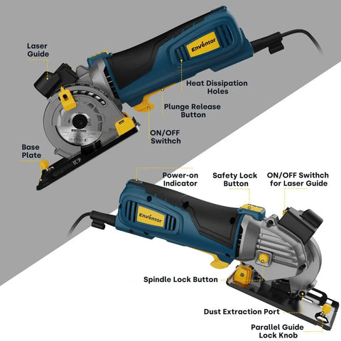 Powerful Mini Circular Saw With Laser Guide, 600W Corded, 5,500 RPM, Three And A Half Inch Blade Set, Features Labeled