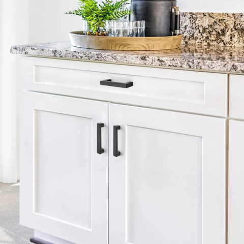 10 Pack Solid 5 Inch Square Matte Black Kitchen Cabinet Handles For Cabinets And Drawers Durable Cabinet Pulls Hardware Installed on White Cabinet