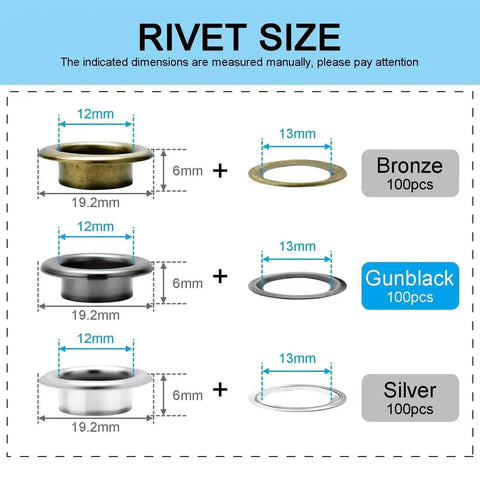 Rivet size chart showing bronze, gunblack, and silver grommets, each 12mm x 19.2mm with washers, for Dope Half Inch Eyelets And Grommet Kit.