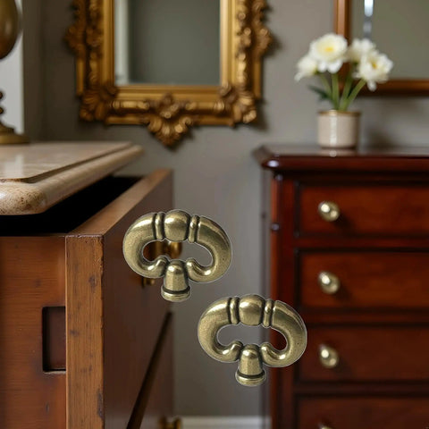 Close-up of set of 2 antique bronze ring drawer pulls with back plates on a wooden dresser in a classic room setting.