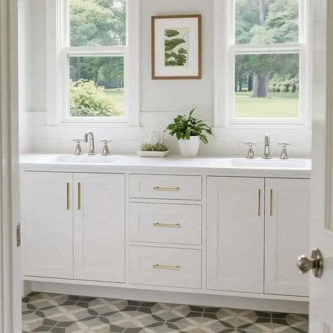 Champagne Bronze Modern Cabinet Pulls 3 Pack 6.5 Inch Total Length 5 Inch Center Bar Pulls on white bathroom cabinets