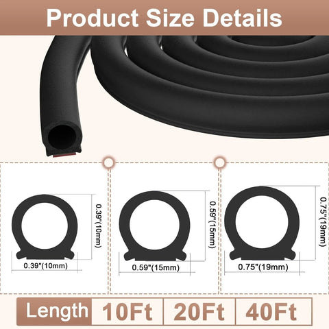 Durable D Shaped EPDM Weather Stripping For Cars And RVs 10 Ft Self Adhesive Door Seal Strip For Windows And Doors No More Drafts Or Noise With Automotive Soundproofing Weatherstripping For Cars Trucks Vans showing size options and profile view.