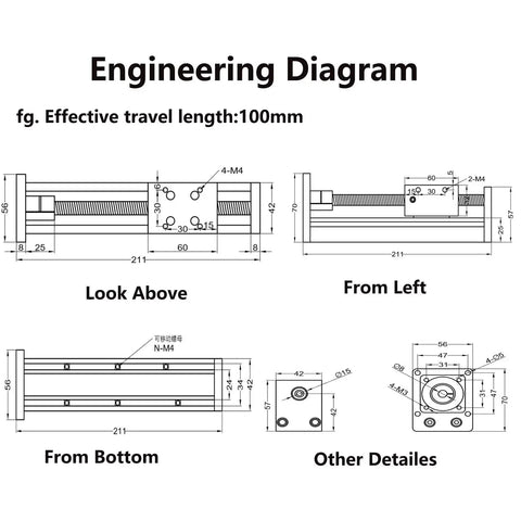 Engineering diagram of 1200mm Travel Ball Screw Linear Guide Slide with RM1610 SFU1610 and Nema 17 Stepper, CNC precision