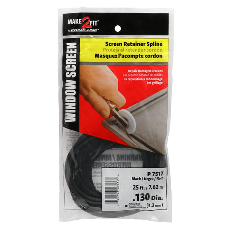 0.130 Inch Vinyl Screen Spline 25 Foot Black Round Hollow Core Serrated Retainer for Window and Door Screens in packaging