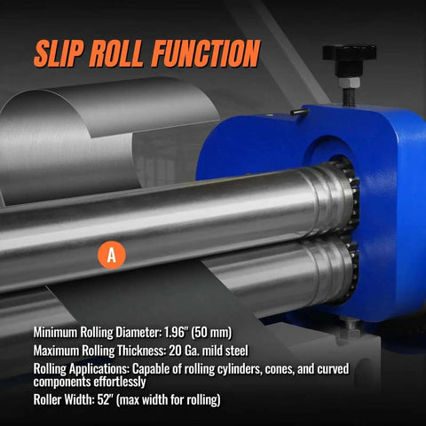 Close-up of 52-Inch 3-In-1 Pan And Box Brake with Slip Roll function, rolling diameter details, for 20 gauge mild steel, MMCB5220