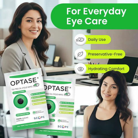 Tea Tree Oil Eyelid Cleansing Wipes Wrapped Preservative Free For Daily Use packaging with people smiling in background