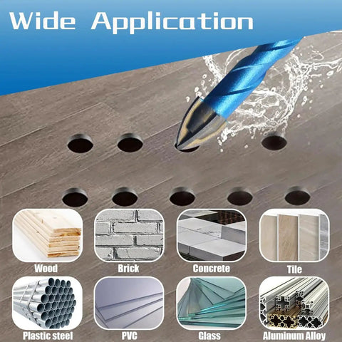 Drill bit penetrating concrete with wood, brick, tile, PVC, glass icons labeled for 10 Piece Masonry Diamond Drill Bit Set With Quick Change Shanks For Concrete Wood Plastic Brick Ceramic Tile BeQell Carbide Tip Core Bits One Quarter To One Half Inch Range RPM 2000 To 5000 DIY Friendly Gift For Weekend Warriors