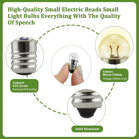 Close-up of 10 Pack E10 Screw Mini Warm Light Bulbs And 10 E10 Mini Bulb Holders for DIY Projects and Desk Lighting