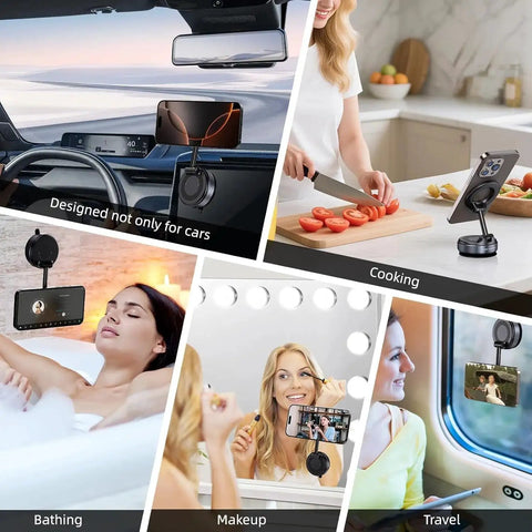 2026 Upgraded Magnetic Car Phone Mount with 70-lb suction and 360° rotation; shown on car windshield and mirrors.