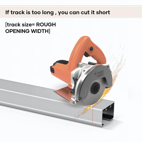 Circular saw cutting aluminum track for Six Foot Soft Close Pocket Door Hardware Kit With Aluminum Box Rail, Concealed Track, Smooth Silent Glide, Easy Install, 68.5 Inch Track For 24 To 36 Inch Wide Single Doors, Commercial Grade, DIY Friendly, Door Not Included