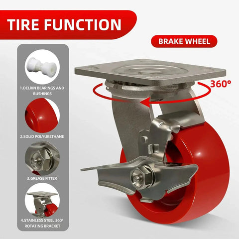 Heavy Duty Stainless Steel 4 Inch Casters With Rust Proof Polyurethane Wheels And One Brake Industrial Grade Caster Set