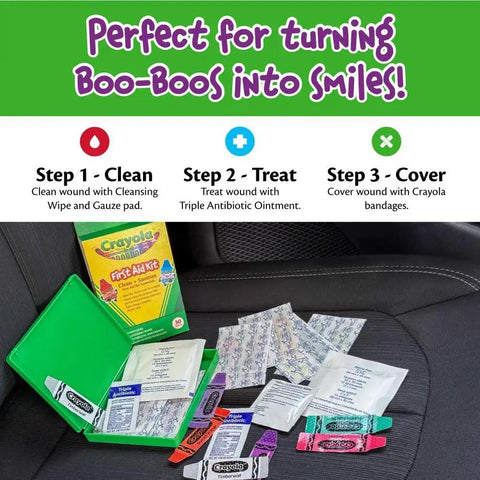 Open Travel Ready 30 Piece First Aid Kit For Kids And Adults Compact And Lightweight with bandages and ointments on car seat.
