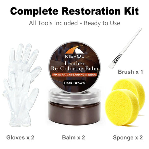 Dark Brown Leather Repair Kit With Recoloring Balm And Dye For Scratches, Fading, And Worn Leather Or Vinyl On Couches, Car Seats, Boots, And Furniture, featuring gloves, balm, brush, and sponges.